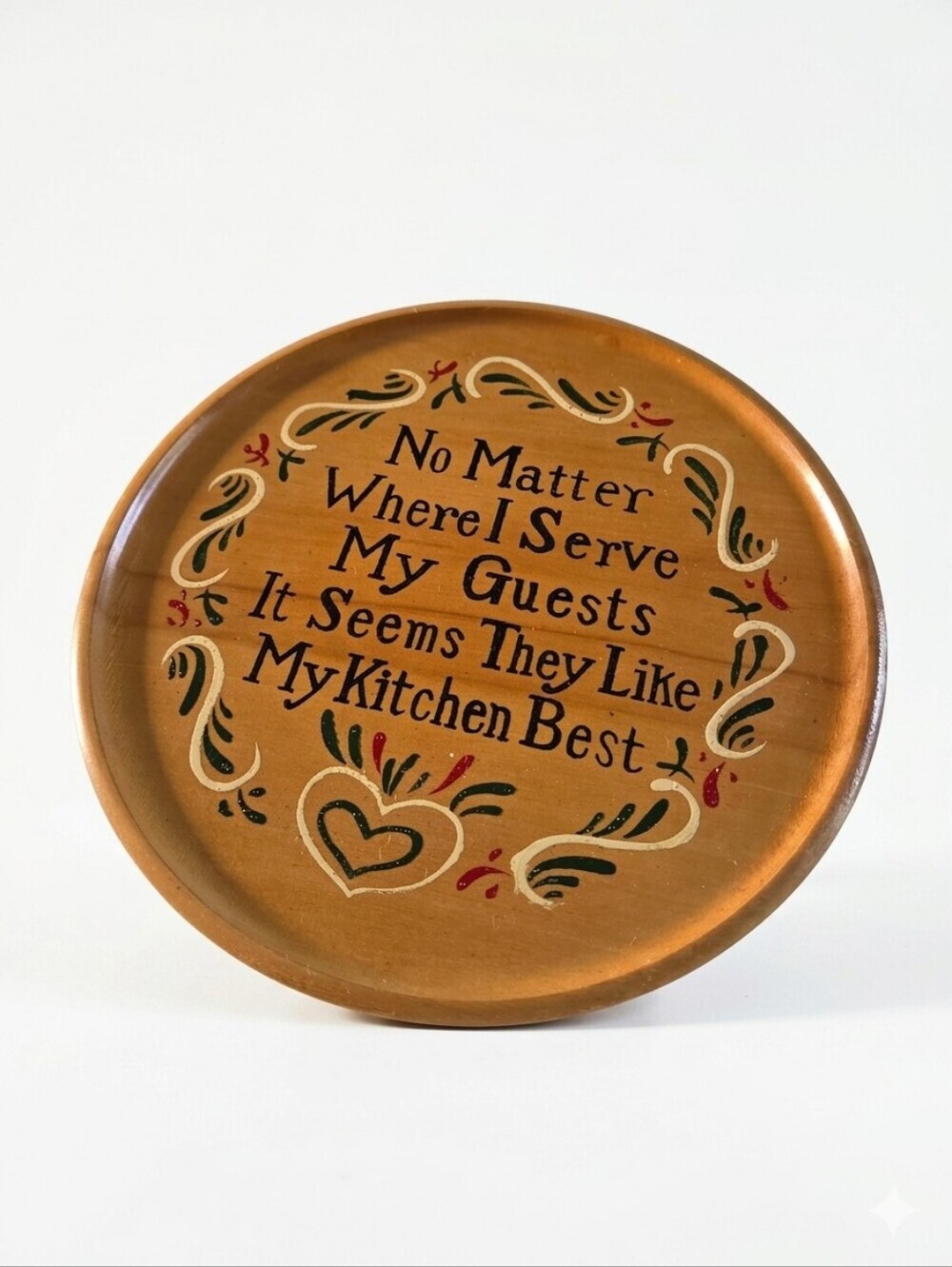 Vintage 1960s Wooden Kitchen Wall Plate – “Guests Like My Kitchen Best” – 9"